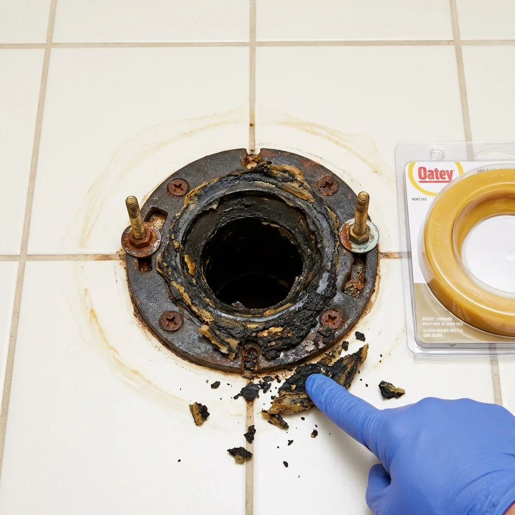 Failed wax ring showing water seepage at the base of a toilet in a Albany, OR home