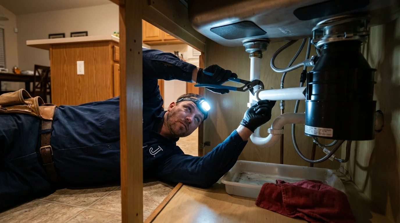 P-trap and supply line connections under a kitchen sink showing a common leak point in Albany, OR
